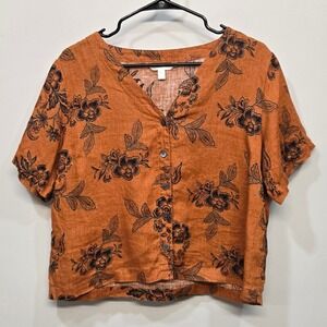 Garnet Hill Shirt Top Small Gabby Linen Terracotta Floral Cropped Boxy Oversized